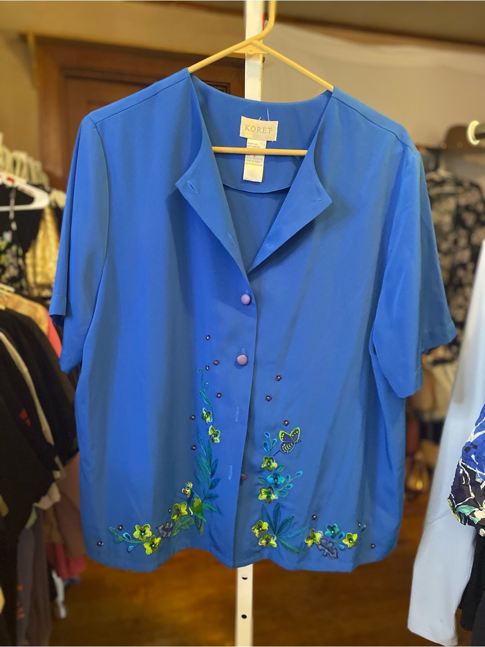 Koret Royal Blue Short-Sleeve Embroidered Button Blouse